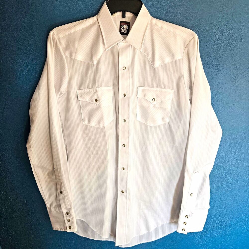 Vintage 70s Karman Western Shirt Mens L 16-36 White Dobby Stripe Pearl Snap USA
